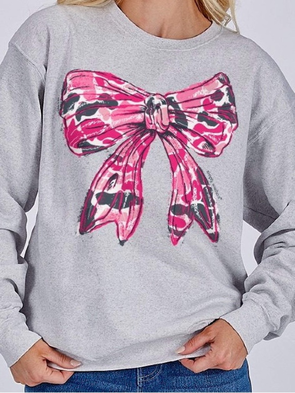 Simply Southern Pink Gray Camo Bow Crew Sweatshirt Women’s XL / XXL New Sweater